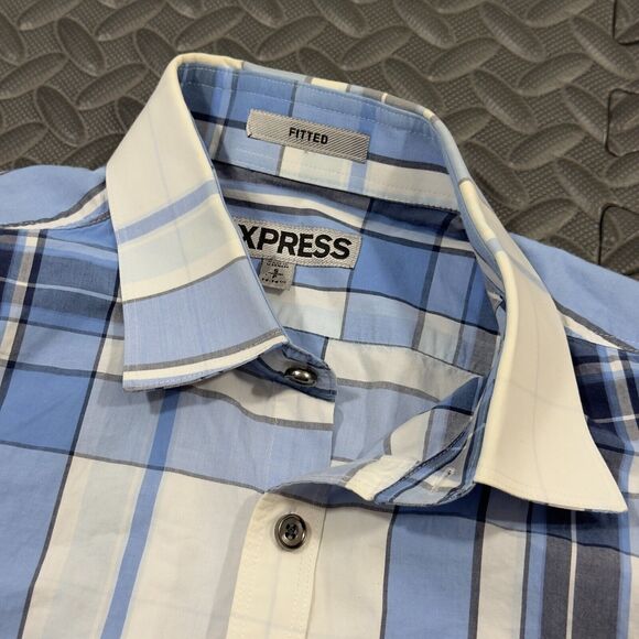 Express Dress Shirt Mens S White Plaid Fitted Comfort Detailed Pockets Button Up - Picture 5 of 7